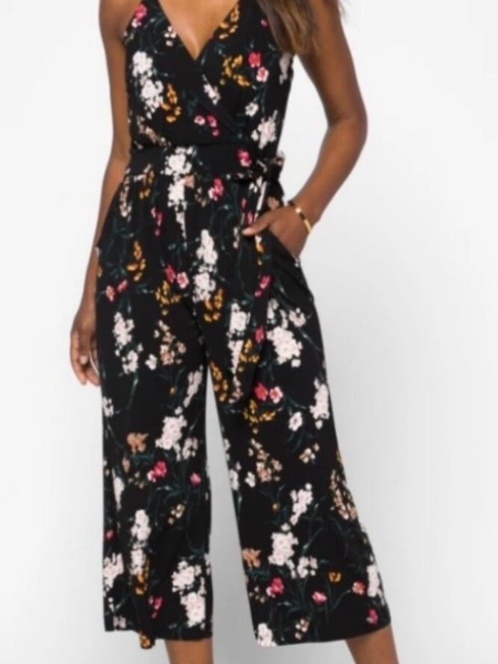 Kaileigh Black Floral V-Neck Wide-Leg Jumpsuit with Tie Waist
